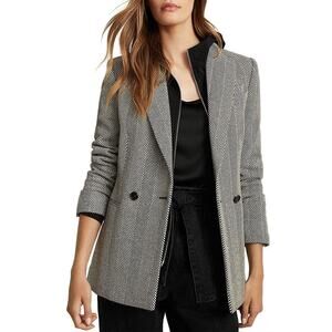 Reiss NWT Taite Herringbone Blazer Gray & White Size 0 Wool Blend Peacoat